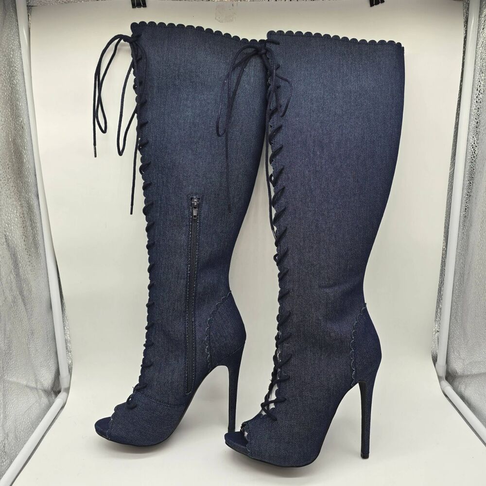 Denim Knee High Boots Size 8.5 | Y2K Festival Statement Heels - Picture 2 of 13